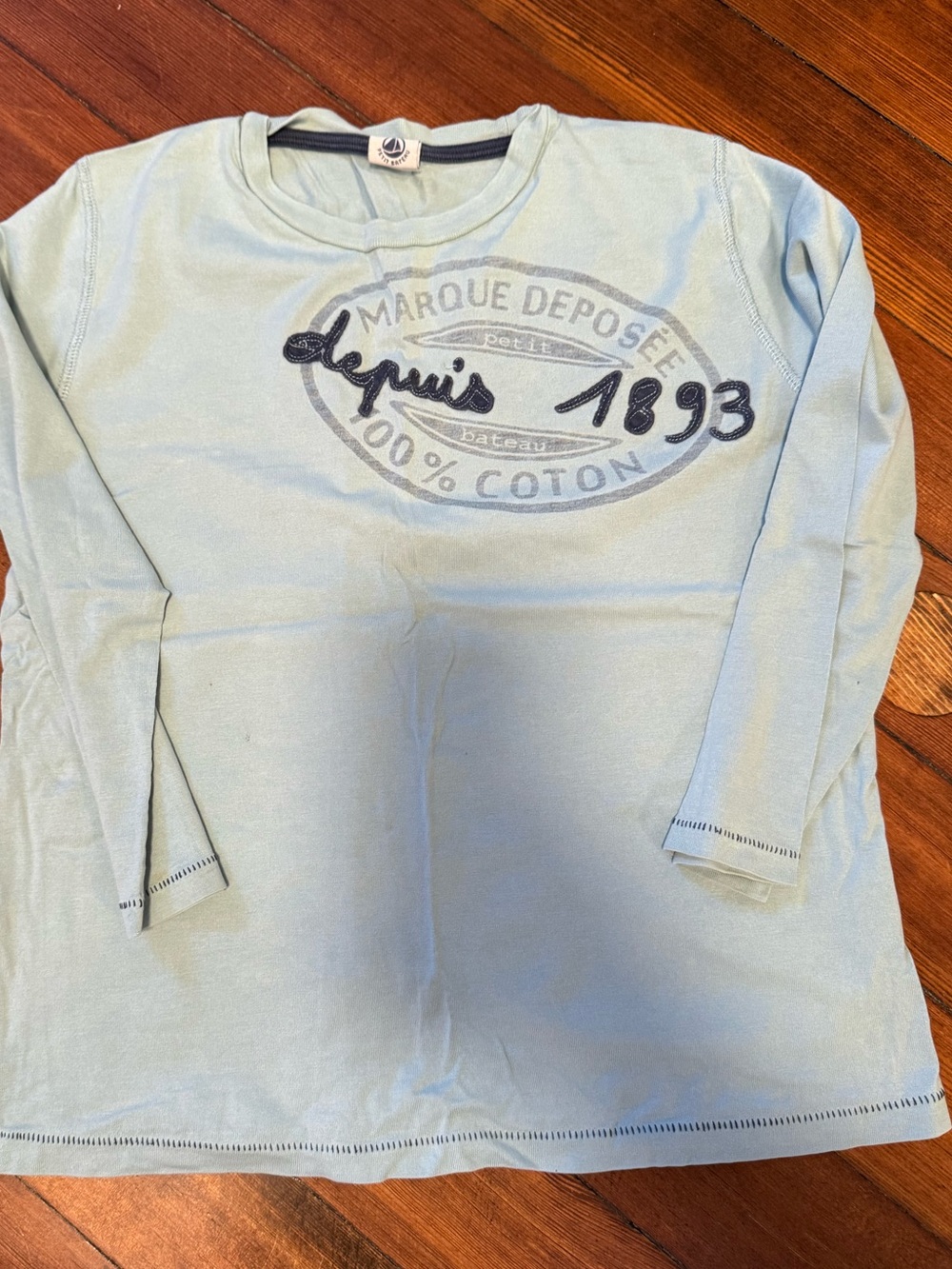 Petit Bateau Light Teal Long-Sleeve Tee with Navy Logo